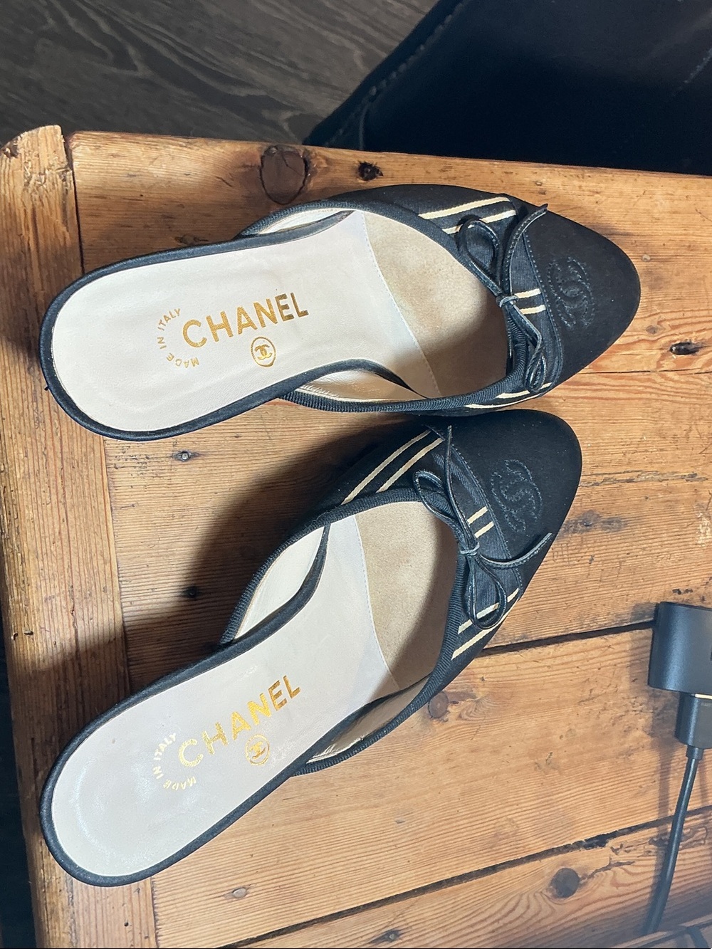 CHANEL vintage Black suede and satin Slip-On Mules with Gold Logo